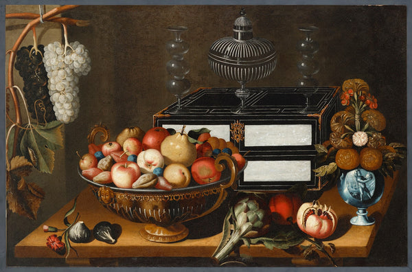 Still Life with Lacquered Chest Fruit Bowl Vase of Flowers Artichoke and Pomegra