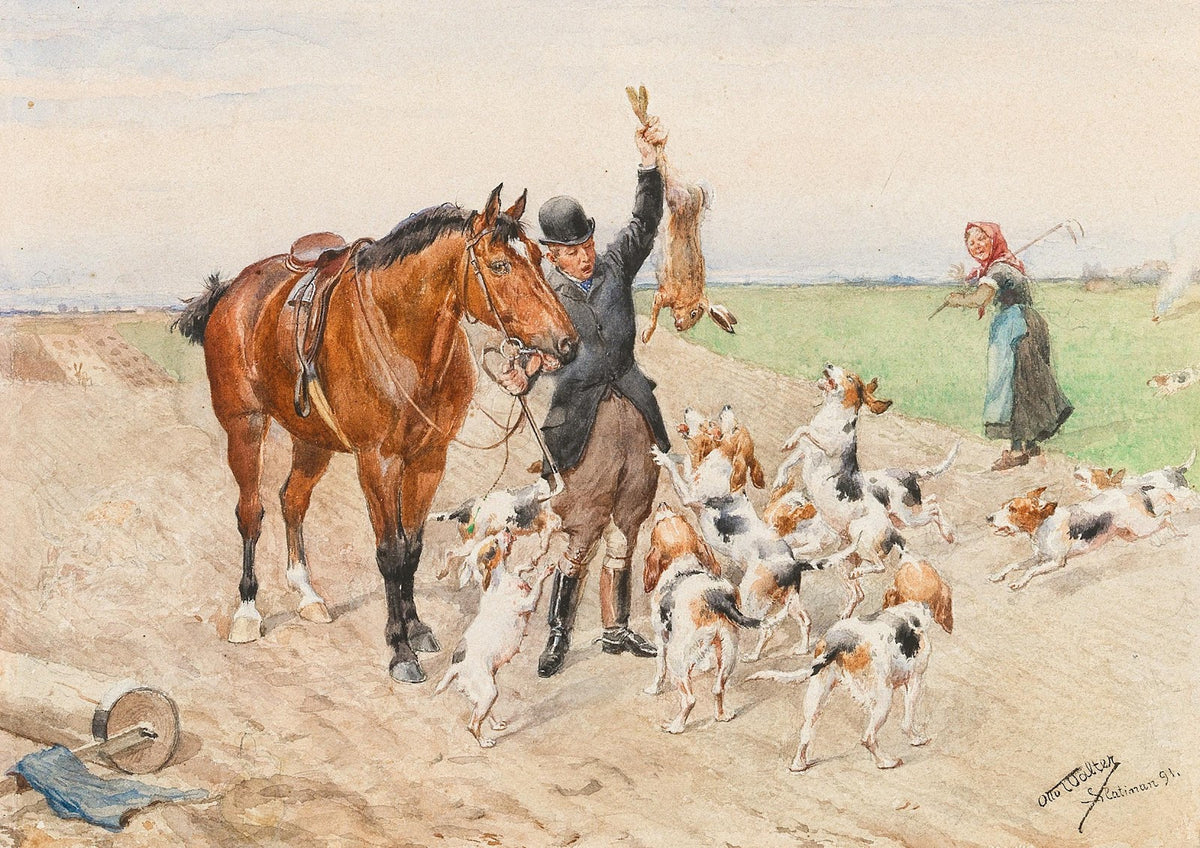 A rider with a dog pack on a field 1891