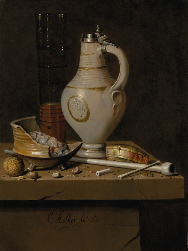 A toebakje still life of smoking utensils a jug and a tall glass partly filled w