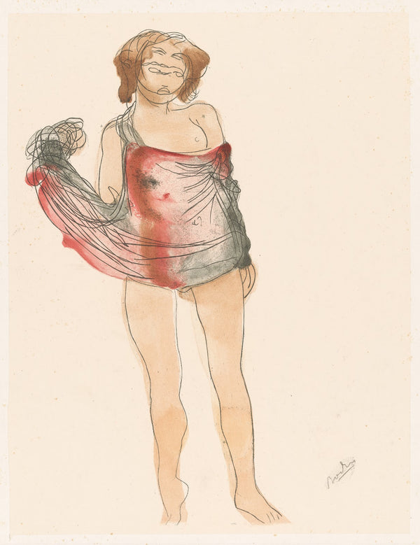 Female nude standing sheer red and black material wrapped around her torso 1902