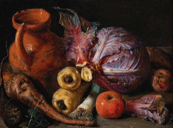A jug a cabbage and carrots on a ledge