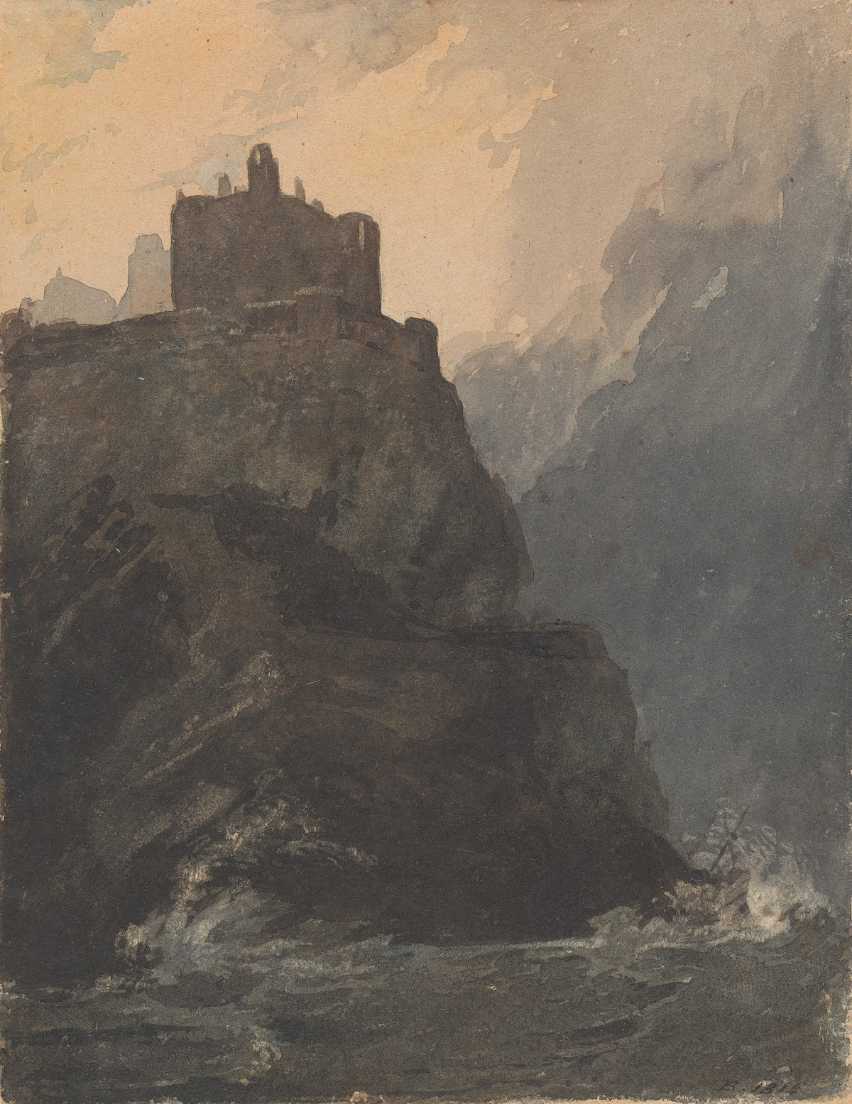Castle on Cliff with a Stormy Sea and Shipwreck at Base of Cliff 1814