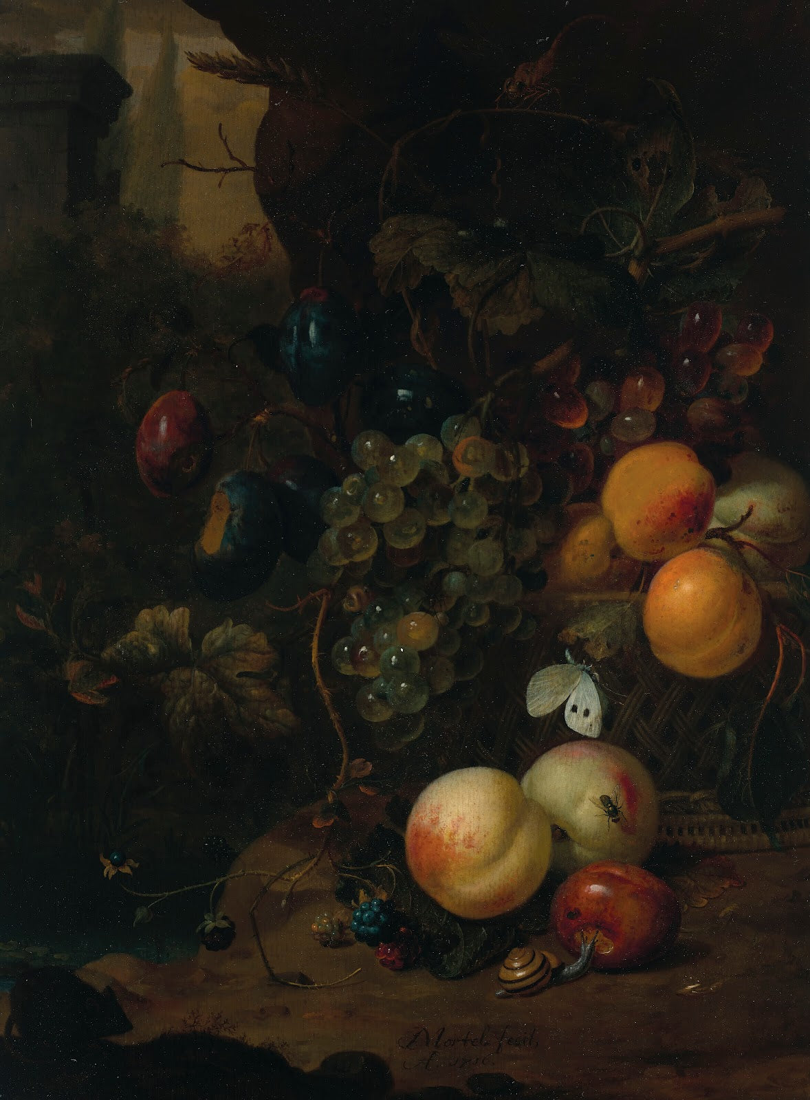 Fruit in a wicker basket with a snail a dragonfly and a mouse on a rock a landsc