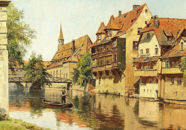 En mand i en båd i en tysk by 1904