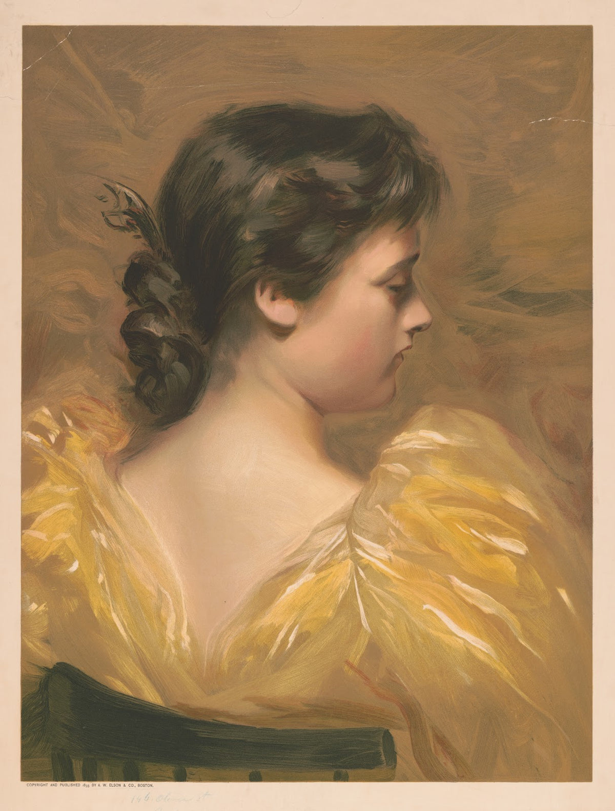 Profile view of seated woman wearing yellow dress 1893