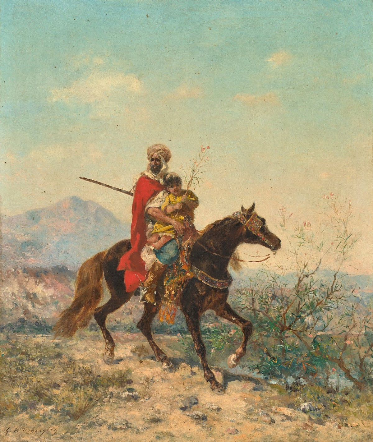 Cavalier arabe avec un enfant