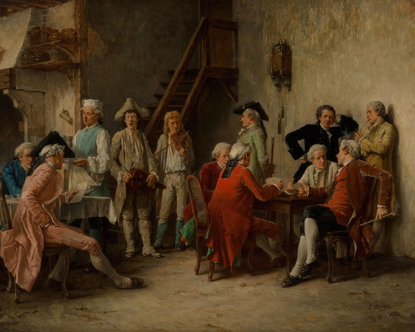 Traveling minstrels entertaining at an inn 1880