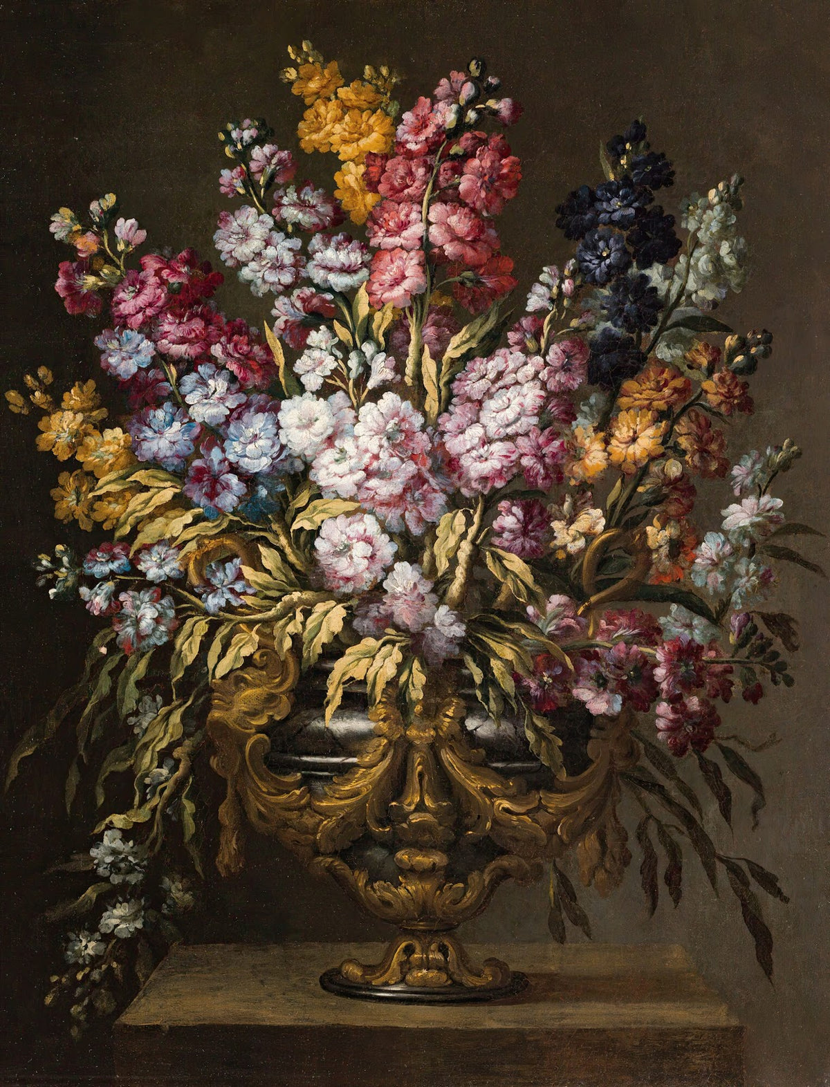 A Pair Of Still Lifes Of Flowers In Elaborate Gilt Urns Each On A Stone Pedestal