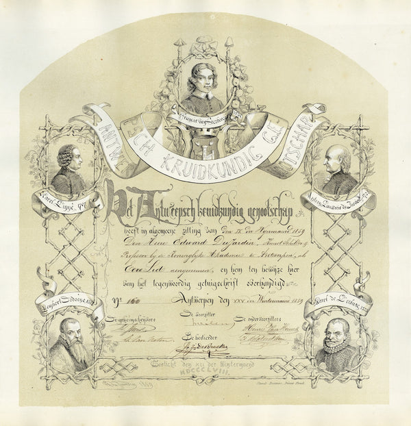 Diploma van het Antwerpsch kruidkundig genootschap 1859
