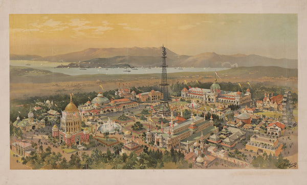 Panormic view of a section of the Chicago Worlds Fair with Ferris wheel 1894