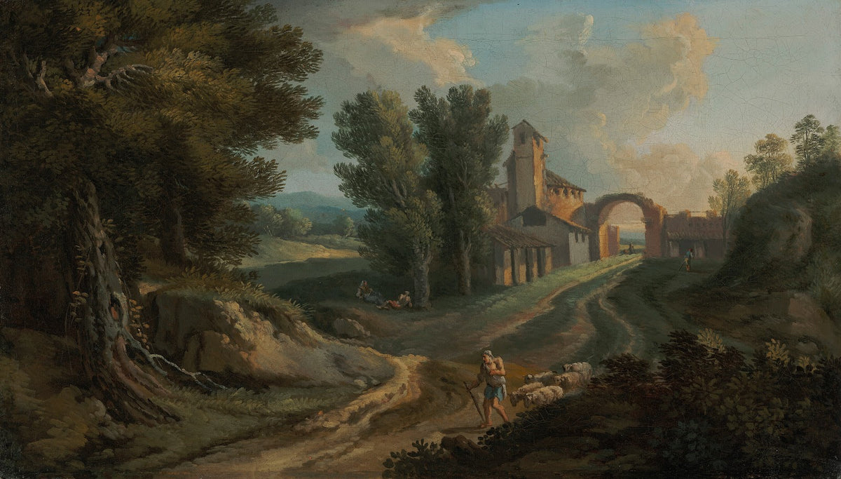 A shepherd on a wooded path
