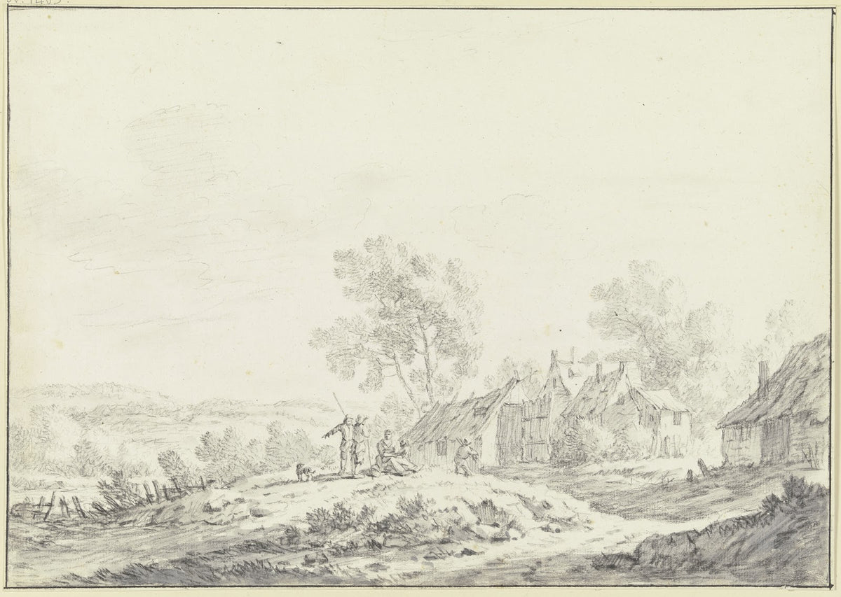 Häuser eines Dorfes in einer hügeligen Landschaft von links führt ein Weg mit ei