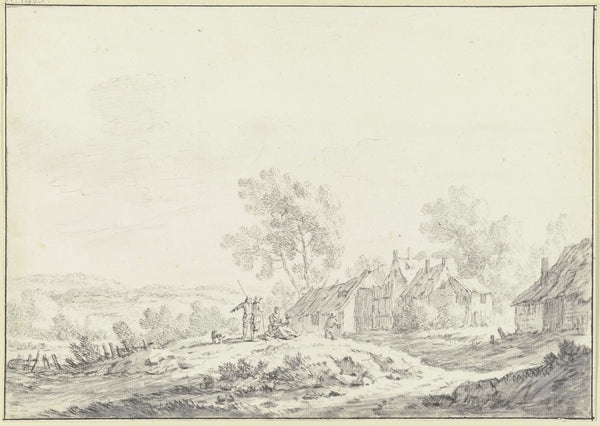 Häuser eines Dorfes in einer hügeligen Landschaft von links führt ein Weg mit ei