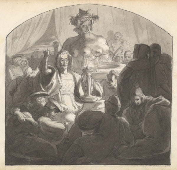 Speaker Addressing Male Figures Gathered at Night Around a Fountain ca 1849