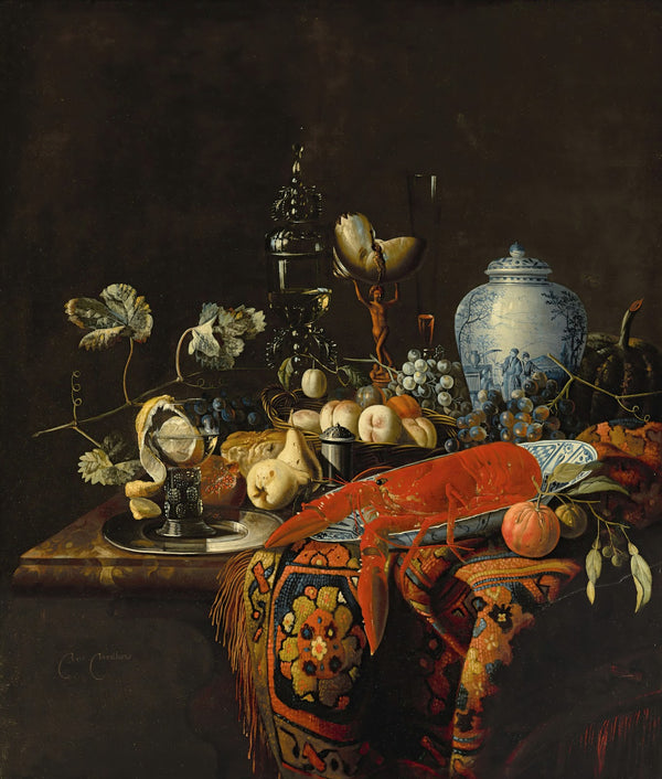A monumental still life with fruit and various objects