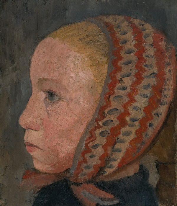 Girls head with a striped cap in profile to the left circa 1905