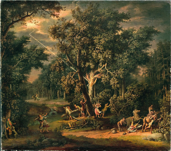 Travellers in a nocturnal landscape with lightning