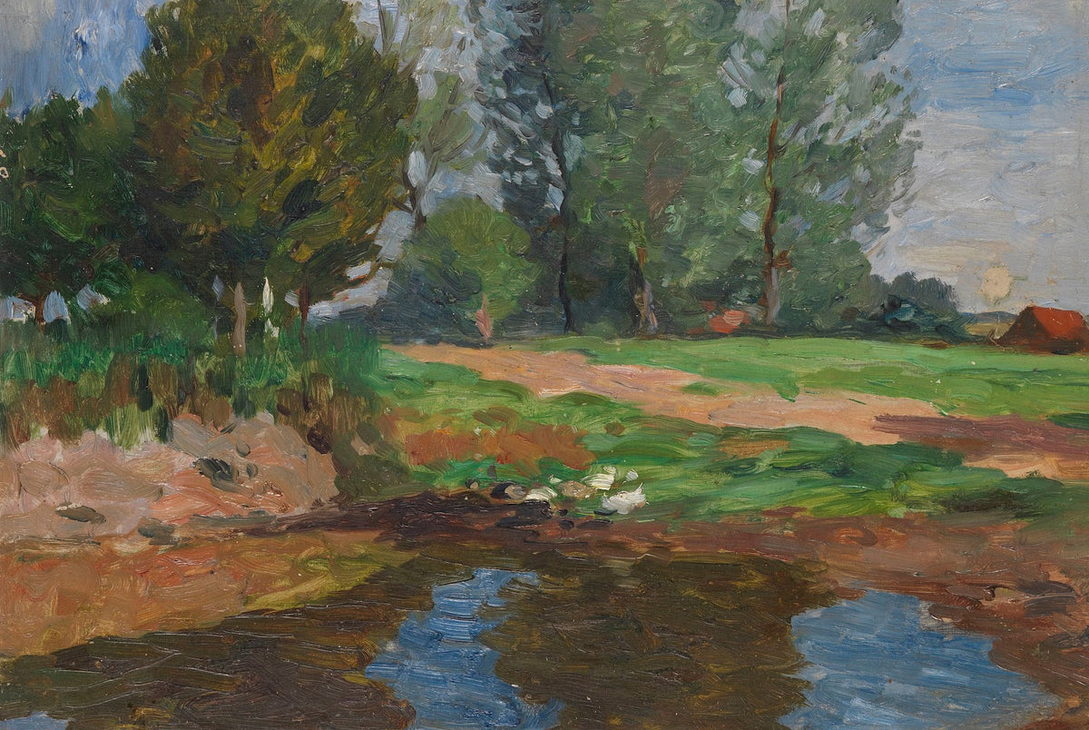 Dorflandschaft mit Enten an einem Weiher 1900