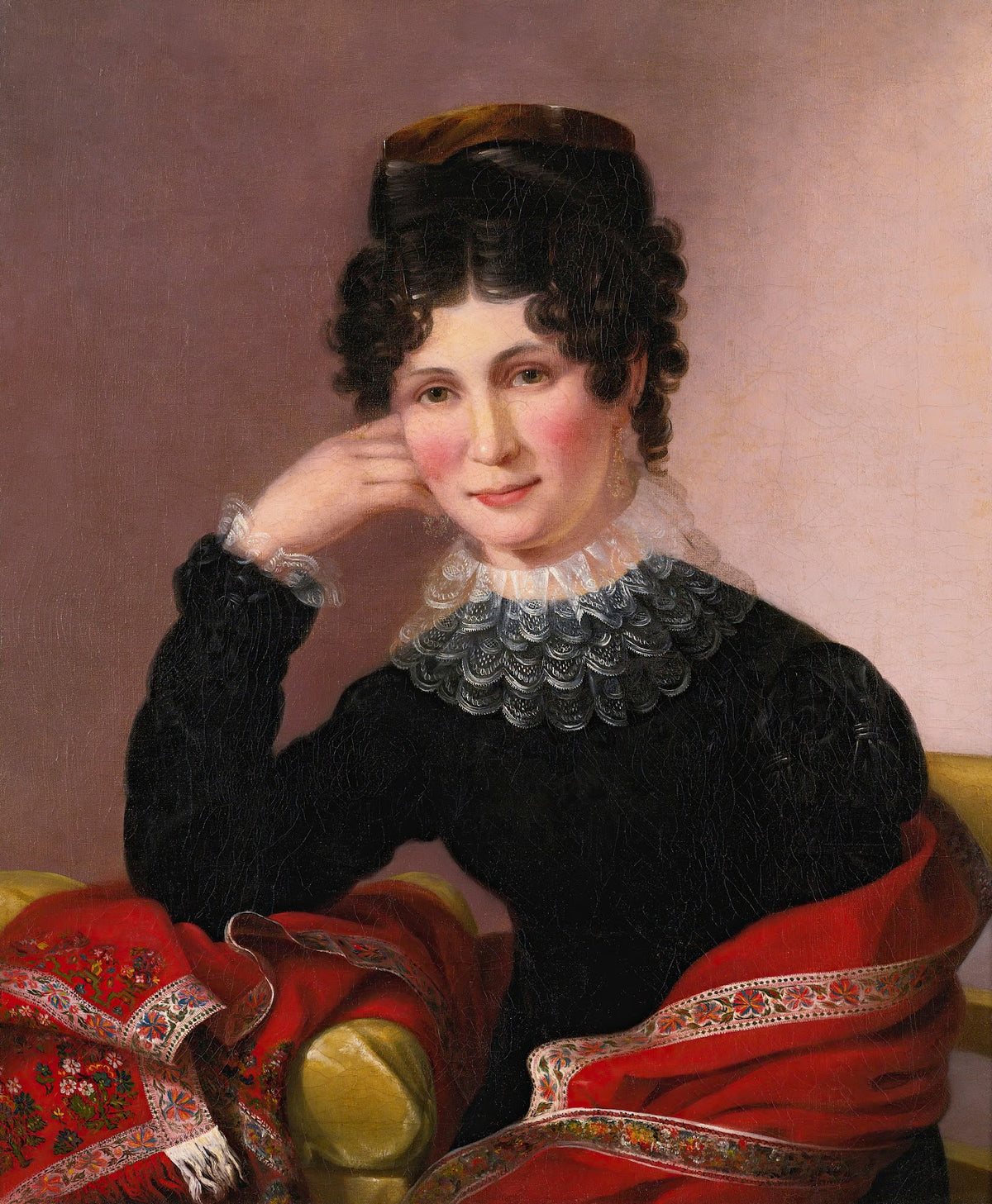 Portrait Of A Young Woman With A Lace Collar And Paisley Fringed Shawl