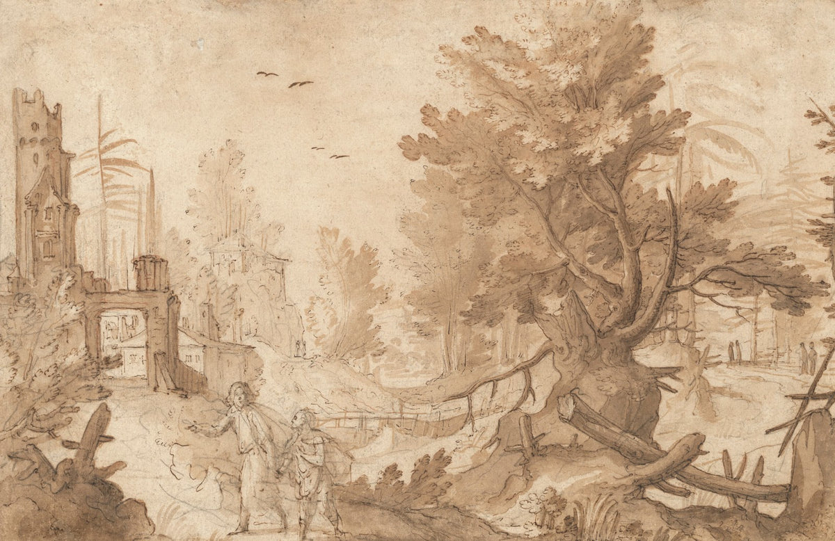 A forest landscape with buildings and Tobias and the angel