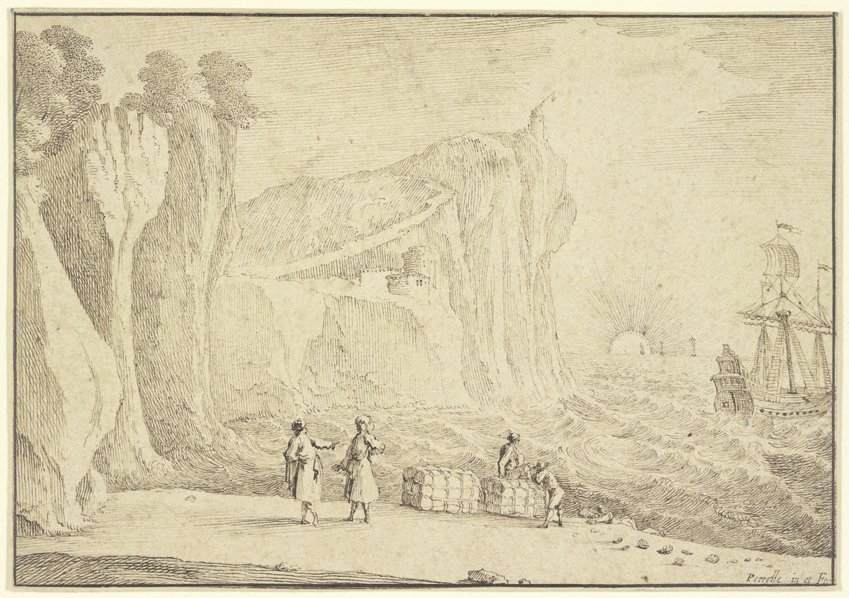 Meeresstrand an hohen Felsenufern auf welchem ein Leuchtturm und ein Schloß steh