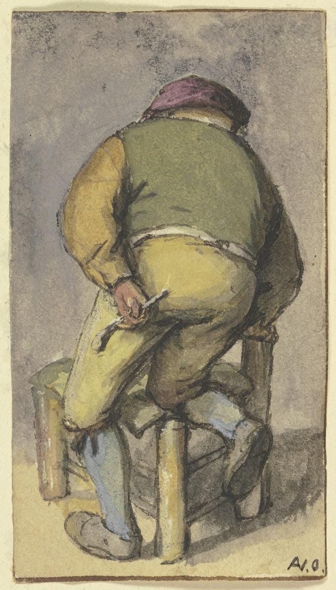 Bauer von hinten mit dem rechten Bein auf einem Stuhl kniend