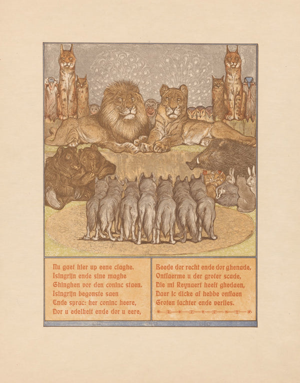 Pack of wolves in front of a reclining lion Nobel and lioness Gentel 1910