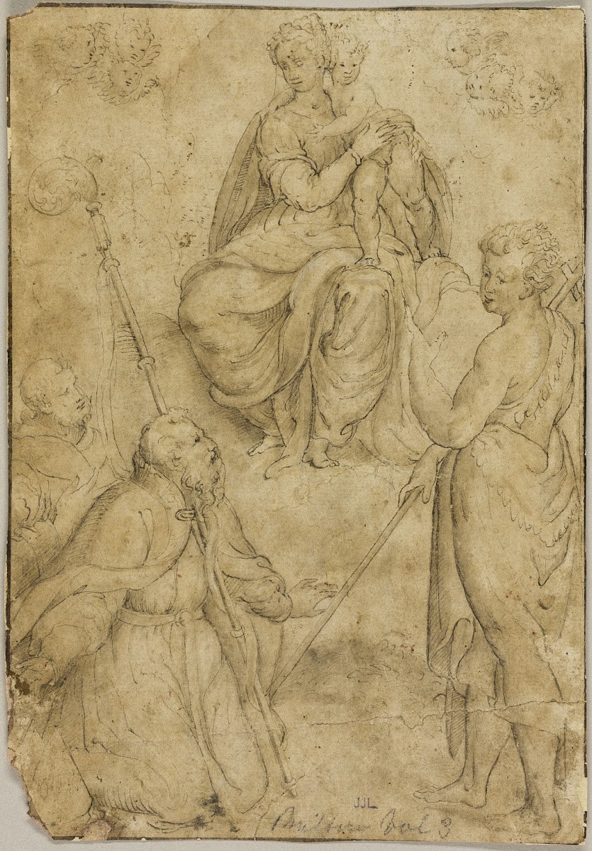 Seated Virgin and Child with Bishop Saint and Monastic Saint and Saint John the