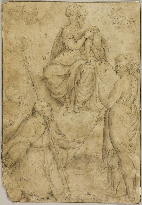 Seated Virgin and Child with Bishop Saint and Monastic Saint and Saint John the