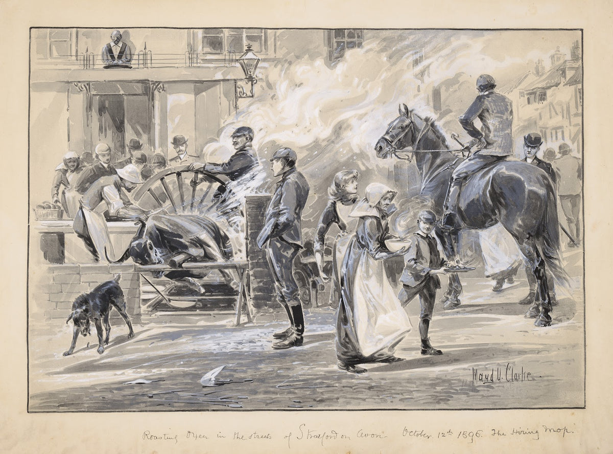 Roasting oxen in the streets of Stratford on Avon October 12th 1895 the Hiring M