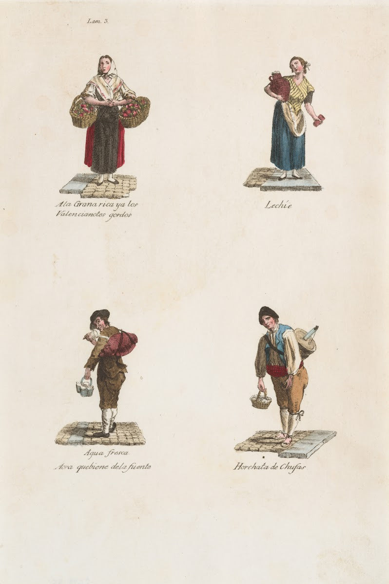 Plate 3 four street vendors from Madrid selling large tomatoes milk water milk s