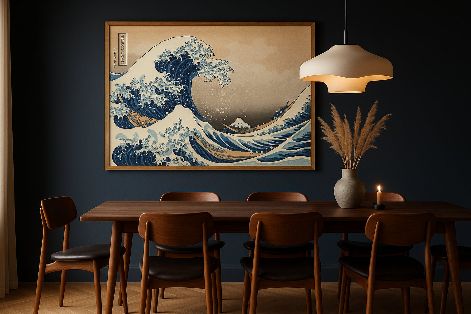 The Great Wave off Kanagawa by Katsushika Hokusai in a dark walnut frame on a moody dining room wall